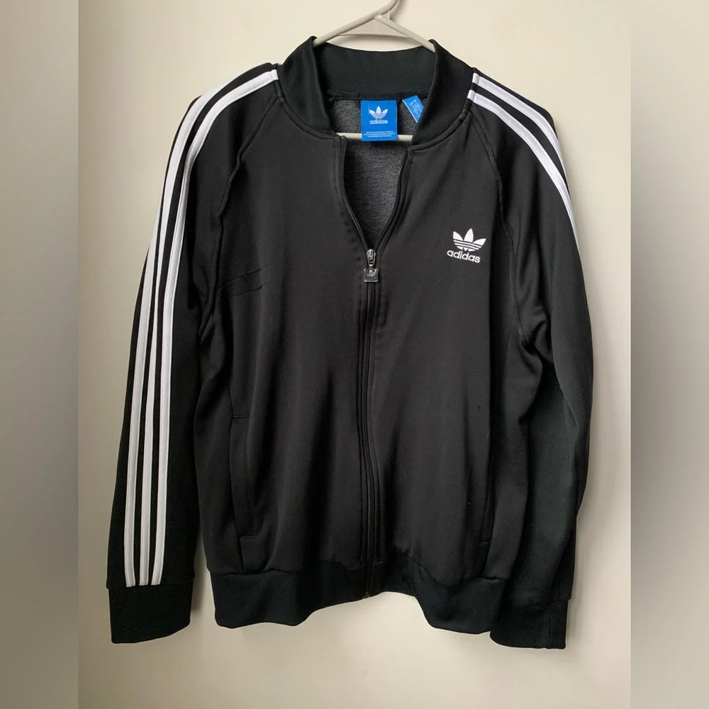 ADIDAS Women’s Black w/ White Stripes Down Shoulders Zipper Front Track Jacket